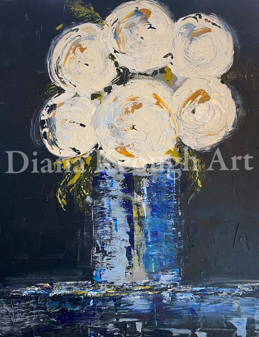 White Peonies in Blue Vase